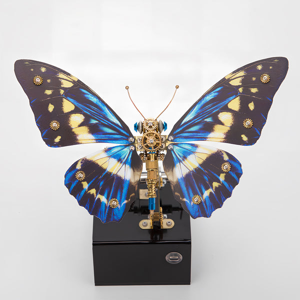 "Frontal view of a stunning blue-winged steampunk butterfly metal model, a magnificent funny table ornament. This DIY 3D puzzle metal kit captures the beauty of nature with a mechanical twist.