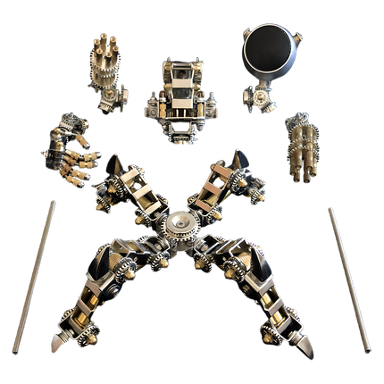 Tablefunny mechanical spider robot metal assembly kit components, including articulated legs, main body, Gatling gun arm, speaker module, and various connectors. Ideal for tablefunny DIY enthusiasts and model builders