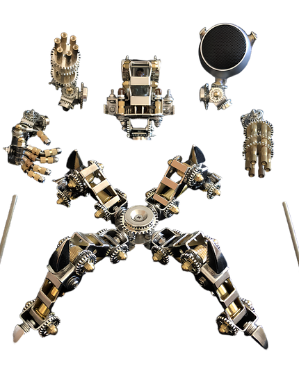 Tablefunny mechanical spider robot metal assembly kit components, including articulated legs, main body, Gatling gun arm, speaker module, and various connectors. Ideal for tablefunny DIY enthusiasts and model builders