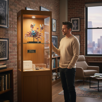  Man viewing a magnificent Crab Metal Kits in a display case, highlighting this intricate DIY 3D puzzle as a collectible metal model