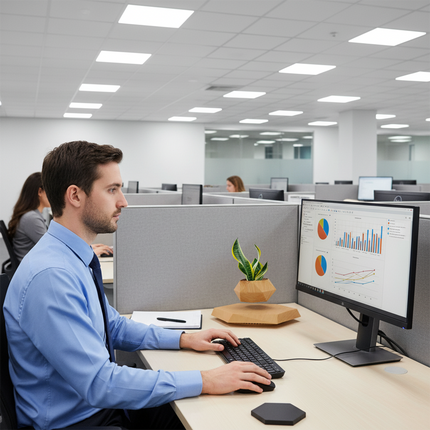 Office workspace with a floating geometric wooden planter and succulent via magnetic levitation next to a man working at his computer – modern anti-gravity desktop decor for a refreshing green ambience