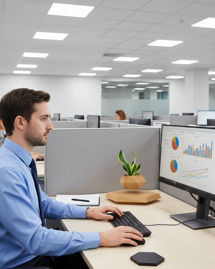 Office workspace with a floating geometric wooden planter and succulent via magnetic levitation next to a man working at his computer – modern anti-gravity desktop decor for a refreshing green ambience
