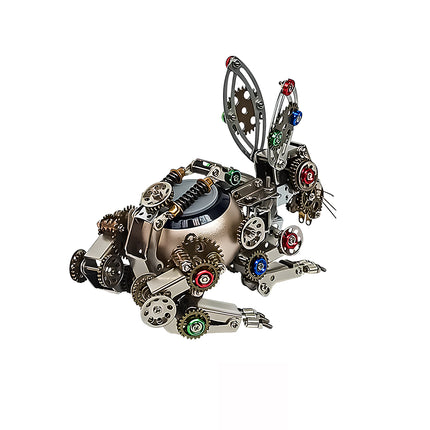 A mechanical rabbit metal model kit in a resting pose, showcasing its visible springs, gears, and colorful metallic accents. This metallic 3D puzzle is a charming and intricate creation.