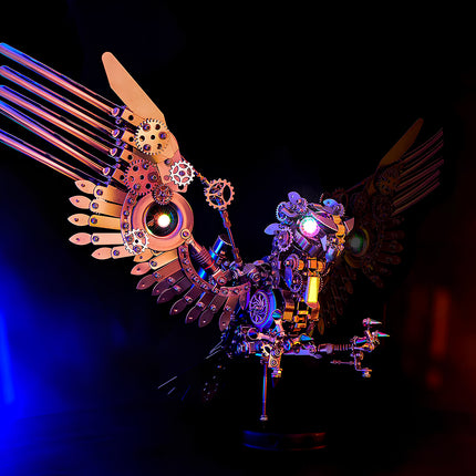 Steampunk-style metal model kit bird on a display stand, an engaging metallic 3D puzzle / puzzle mécanique métal with intricate glowing features.