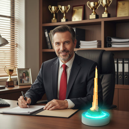 Maglev Skyscraper Lamp: A warm glow emanates from the structure, encircled by a green LED halo. Suspended from a white base, it rests beside a man in an office displaying trophies