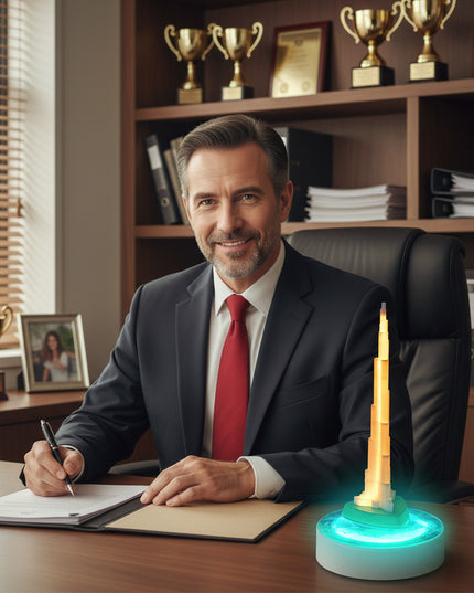 Maglev Skyscraper Lamp: A warm glow emanates from the structure, encircled by a green LED halo. Suspended from a white base, it rests beside a man in an office displaying trophies