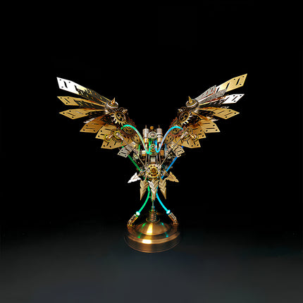  Symmetrical steampunk eagle mech metal model with golden wings and colorful glowing tubes, an impressive 3D puzzle for mechanical steampunk art.