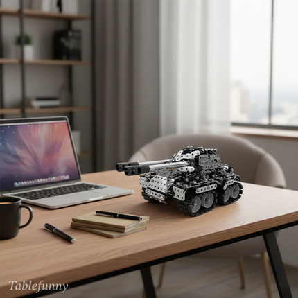 This Mechanical Dual-Barrel Tank 3D Metal Puzzle Kit features a detailed design with interlocking metallic components and realistic tank tracks. Showcased on a modern office desk, it blends mechanical engineering aesthetics with a realistic military vehicle form. Serving as a distinctive display piece, it adds a touch of mechanical artistry and hobbyist charm to your workspace, ideal for enthusiasts and those seeking a unique decorative element in their office.