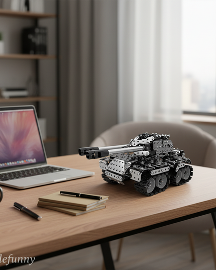 This Mechanical Dual-Barrel Tank 3D Metal Puzzle Kit features a detailed design with interlocking metallic components and realistic tank tracks. Showcased on a modern office desk, it blends mechanical engineering aesthetics with a realistic military vehicle form. Serving as a distinctive display piece, it adds a touch of mechanical artistry and hobbyist charm to your workspace, ideal for enthusiasts and those seeking a unique decorative element in their office.