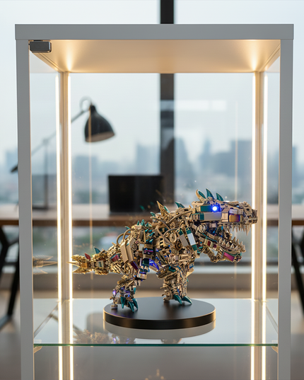 Illuminated display case showcasing a finished DIY metal model T-Rex, a vibrant 3D puzzle metal kit, with intricate details and a futuristic aesthetic, suitable for any funny table setting.