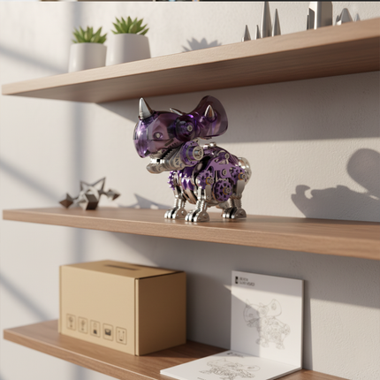 A purple metallic dragon model, featuring translucent parts and exposed gears, proudly displays on a wooden shelf. Beside it lies a small cardboard box and an open instruction manual, bathed in sunlight. This captivating metal model is a meaningful DIY assembly from our 3D assembly metal kits, perfect for adding a decorative and fun desktop style to any collection.