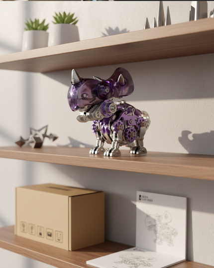 A purple metallic dragon model, featuring translucent parts and exposed gears, proudly displays on a wooden shelf. Beside it lies a small cardboard box and an open instruction manual, bathed in sunlight. This captivating metal model is a meaningful DIY assembly from our 3D assembly metal kits, perfect for adding a decorative and fun desktop style to any collection.