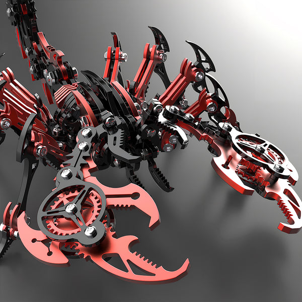 Close-up of the articulated red and black claws of a mechanical scorpion, showcasing the intricate details of this metallic 3D puzzle and metal model kit.
