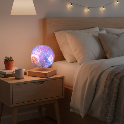 Sunset bedroom bedside table with a magnetic levitation galaxy orb lamp floating above a wood-grain base beside a succulent and coffee cup – modern anti-gravity ambient décor