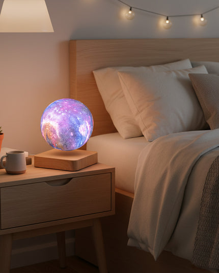 Sunset bedroom bedside table with a magnetic levitation galaxy orb lamp floating above a wood-grain base beside a succulent and coffee cup – modern anti-gravity ambient décor