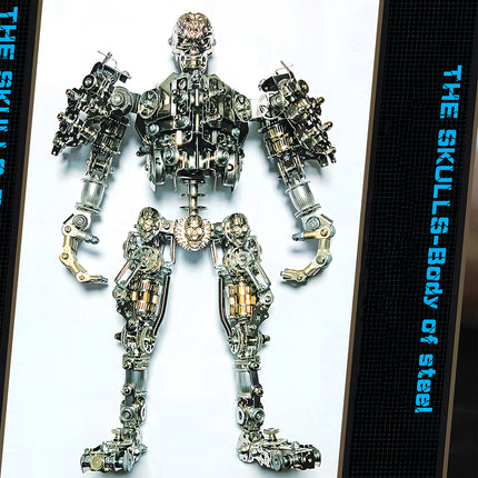 "The Skulls - Body of Steel" fully assembled metal model, laying flat to showcase its intricate mechanical steampunk design. This impressive 3D puzzle metal kit is a challenging steampunk puzzle.
