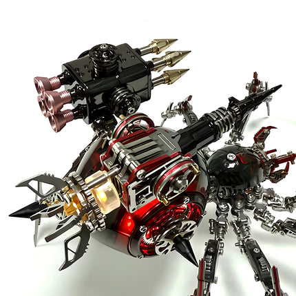  Full view of a formidable steampunk mech spider, showcasing its intricate weapon array and shiny metal kit finish. A complex 3D puzzle metal model, perfect for fans of mechanical steampunk.