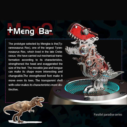 A detailed description of the "Meng Ba" mechanical Tyrannosaurus rex metal model from the "Parallel Paradise Series," highlighting its mechanical steampunk transformation, movable parts, and distinctive transparent shell. This 3D puzzle metal kit offers an engaging steampunk puzzle experience.