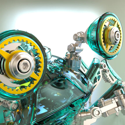 Close-up of a steampunk crab mech's transparent head unit with vibrant yellow gear accents, highlighting the intricate mechanical details of this 3D puzzle metal kit and stylish mechanical steampunk model.