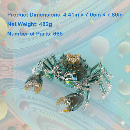 Teal steampunk crab mech 3D puzzle metal kit with product dimensions (4.41in x 7.05in x 7.80in), net weight (482g), and 666 parts, a challenging mechanical steampunk metal model for assembly enthusiasts.