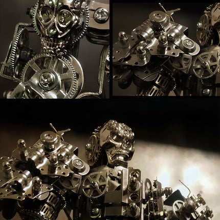 Collage showing detailed views of a mechanical steampunk skull and torso from a metal model, emphasizing the intricate gears. A challenging steampunk puzzle 3D metal kit for enthusiasts.