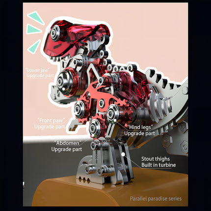  Detailed view of mechanical dinosaur metal model upgrades, including transparent red casing, front paw, abdomen, hind legs, and stout thighs with built-in turbines. This 3D puzzle metal kit offers advanced mechanical steampunk features for a challenging steampunk puzzle.