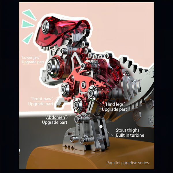  Detailed view of mechanical dinosaur metal model upgrades, including transparent red casing, front paw, abdomen, hind legs, and stout thighs with built-in turbines. This 3D puzzle metal kit offers advanced mechanical steampunk features for a challenging steampunk puzzle.
