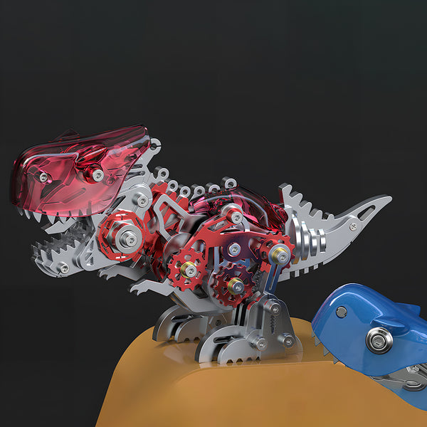 Two mechanical dinosaur metal models, one with a transparent red casing and the other blue, both showcasing intricate mechanical steampunk internal gears and designs. These 3D puzzle metal kits offer a unique steampunk puzzle experience.