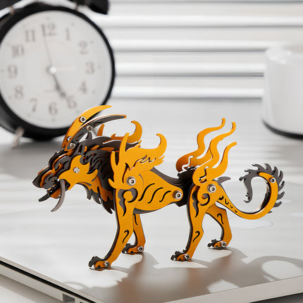 Assembled vibrant yellow and black stylized wolf king metal model standing on a desk with a clock in the background, a striking mechanical steampunk 3D puzzle and unique metal kit for office or home decor.