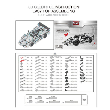 A 3D colorful instruction manual and accessories list for the "Micro Steel World" SW-058 metal model race car kit, which includes 1130 pieces. This 3D puzzle metal kit provides a clear guide for building a complex mechanical steampunk vehicle.