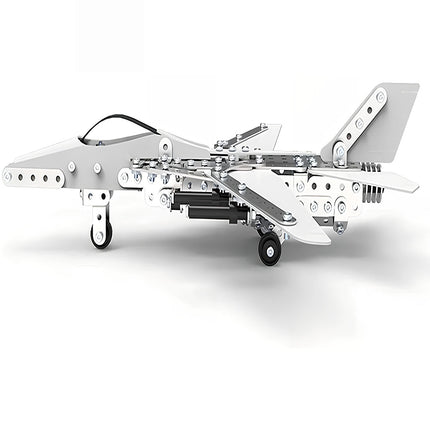 Side view of a sophisticated metal model fighter jet, showcasing its robust mechanical steampunk construction. This 3D puzzle metal kit is an engaging steampunk puzzle for aviation enthusiasts.