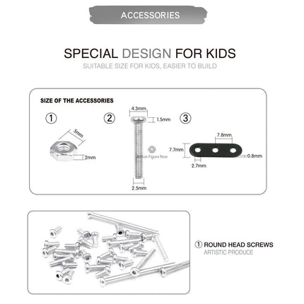 Specially designed accessories for metal model kits, featuring easy-to-handle round head screws, hex nuts, and small connecting plates. These components simplify building a 3D puzzle metal kit and introduce mechanical steampunk concepts.