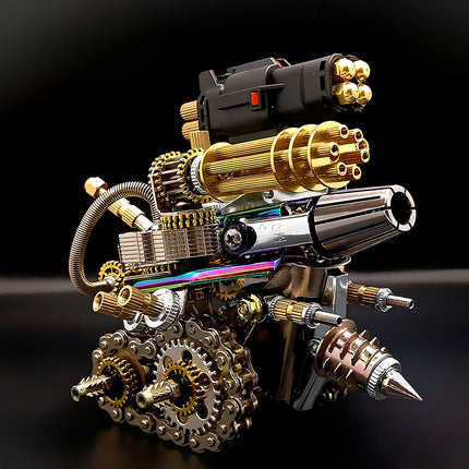 Front view of a multi-faceted mechanical steampunk weapon metal model, highlighting its gold barrels, complex gearing, and industrial design. A perfect example of a steam punk mech as a display piece.