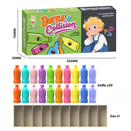 Tablefunny Bottle Collision Game Product Exploded View. The diagram shows the game packaging box (dimensions marked as 236MM x 110MM x 30MM), 20 bottles in different colors (bottle x20), and one storage base box (box x1)