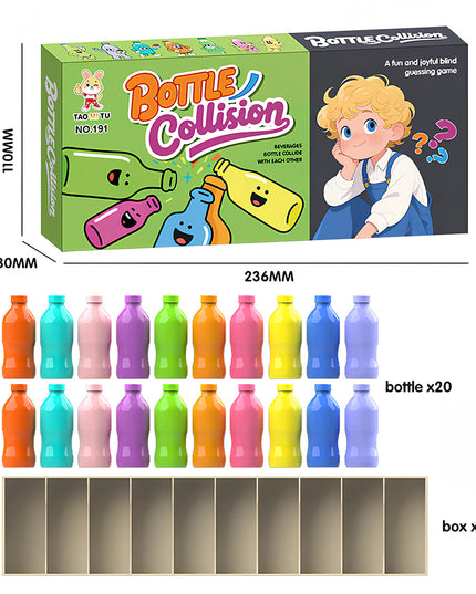Tablefunny Bottle Collision Game Product Exploded View. The diagram shows the game packaging box (dimensions marked as 236MM x 110MM x 30MM), 20 bottles in different colors (bottle x20), and one storage base box (box x1)