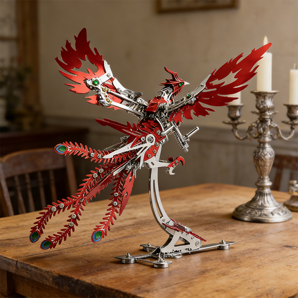 Majestic mechanical steampunk phoenix metal model with spread red wings and a detailed feathered tail, standing on an elegant base on a wooden table. This intricate 3D puzzle showcases a vibrant design and gears, making it a stunning steampunk puzzle and a prized piece among metal kits.