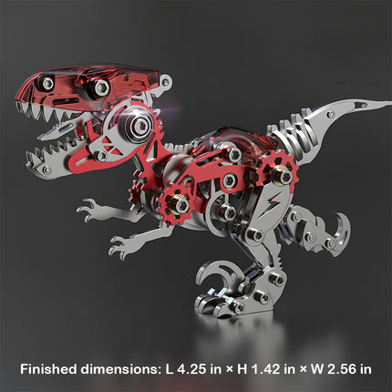  Red and silver metal model T-Rex 3D puzzle metal kits with internal gears visible, showing finished dimensions (L 4.25 in × H 1.42 in × W 2.56 in). An engaging steampunk puzzle for all ages.