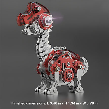  Red and silver mechanical steampunk dinosaur metal model with intricate gears and a light-up eye, showcasing a detailed steampunk puzzle. An engaging 3D puzzle metal kit for collectors.