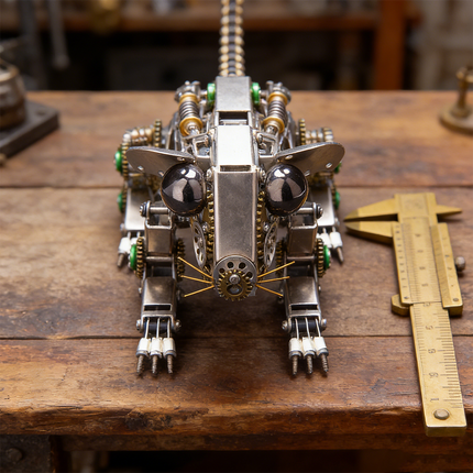 Front-facing view of a charming mechanical steampunk rat metal model, with prominent eyes and intricate gear details, sitting on a rustic wooden workbench beside a brass caliper. This highly detailed 3D puzzle is an excellent example of a steampunk puzzle and a popular choice among metal kits.