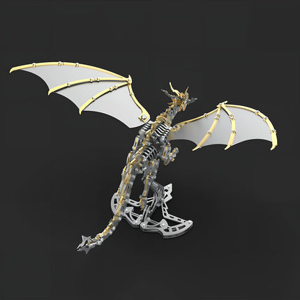 Rear view of an impressive metal model dragon, showcasing its mechanical steampunk skeleton and detailed wings. This unique 3D puzzle metal kit is a fantastic steampunk puzzle for collectors.