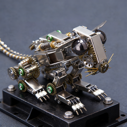 Intricate mechanical steampunk rat metal model with detailed gears and a spring-loaded tail, perched on a dark display base. This charming 3D puzzle is a prime example of a steampunk puzzle, offering an engaging build for enthusiasts of metal kits.