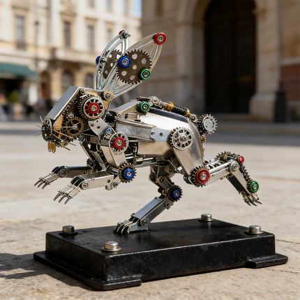 Dynamic steam punk mech rabbit metal model in a running pose, a challenging 3D puzzle metal kit for collectors. This mechanical steampunk creation features exposed gears and vibrant accents, perfect for display in any enthusiast's collection or as a unique steampunk puzzle.