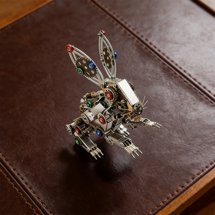 Intricate mechanical steampunk rabbit 3D puzzle metal kit, perfect for hobbyists. This unique metal model features detailed gears and a futuristic design, making it a captivating display piece. Ideal for fans of steampunk puzzles and mechanical steampunk aesthetics.
