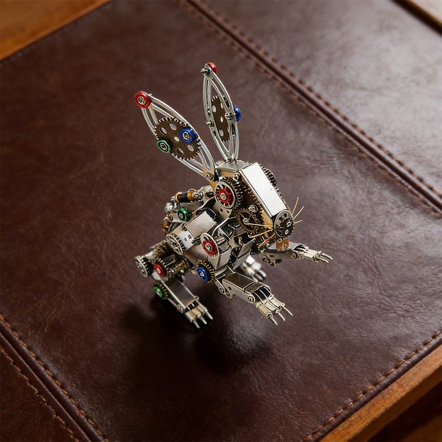 Intricate mechanical steampunk rabbit 3D puzzle metal kit, perfect for hobbyists. This unique metal model features detailed gears and a futuristic design, making it a captivating display piece. Ideal for fans of steampunk puzzles and mechanical steampunk aesthetics.