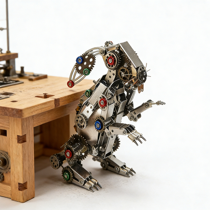 Playful mechanical steampunk rat metal model standing upright on a white surface, next to a small wooden block, showcasing its intricate gears and vibrant colored accents. This engaging 3D puzzle is a delightful steampunk puzzle and a creative addition to any collection of metal kits.
