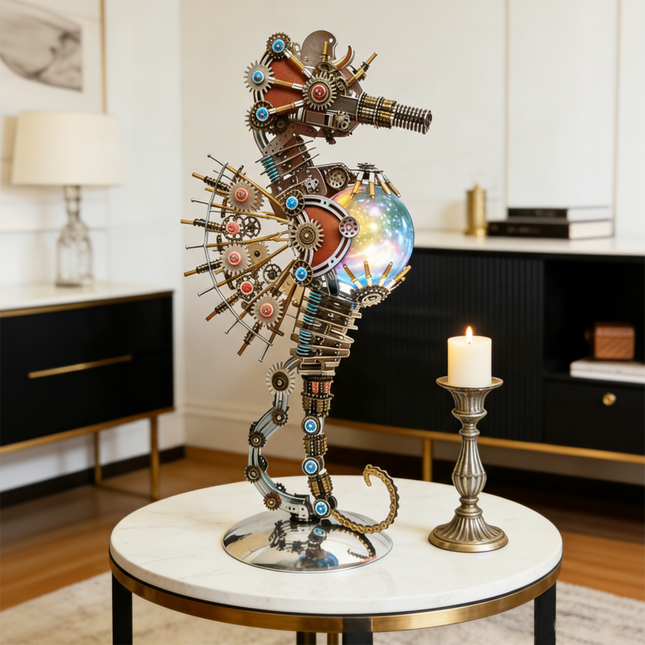 Exquisite mechanical steampunk seahorse 3D puzzle metal kit with an illuminated body, serving as a unique table centerpiece. This sophisticated metal model combines intricate gears and a glowing orb, making it a stunning steampunk puzzle and a conversation starter for any room.
