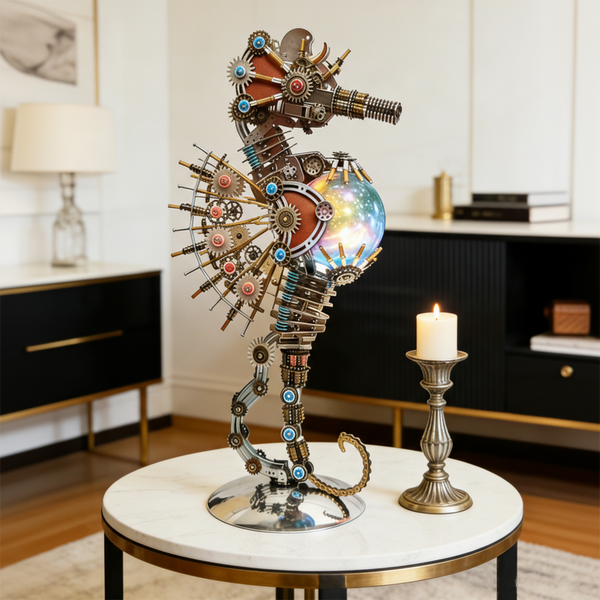 Exquisite mechanical steampunk seahorse 3D puzzle metal kit with an illuminated body, serving as a unique table centerpiece. This sophisticated metal model combines intricate gears and a glowing orb, making it a stunning steampunk puzzle and a conversation starter for any room.