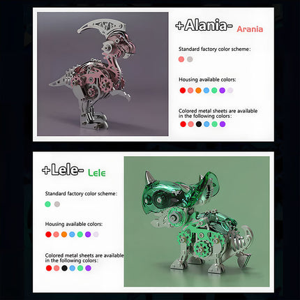 Customizable mechanical steampunk dinosaur metal models named "Alania" and "Lele," showcasing available color schemes for these 3D puzzle metal kits. Perfect for a unique steampunk puzzle.