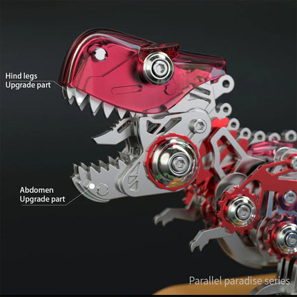 Close-up of a mechanical dinosaur metal model head, featuring a transparent red casing, sharp metallic teeth, and detailed mechanical steampunk upgrades. This 3D puzzle metal kit is a unique steampunk puzzle from the "Parallel Paradise Series.