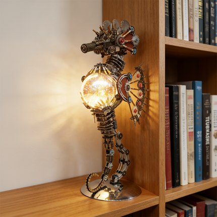 Glowing mechanical steampunk seahorse 3D puzzle metal kit displayed on a bookshelf, functioning as a unique steampunk puzzle lamp. This captivating metal model features a beautifully illuminated central orb and intricate gears, adding a warm, industrial-chic ambiance to any decor.